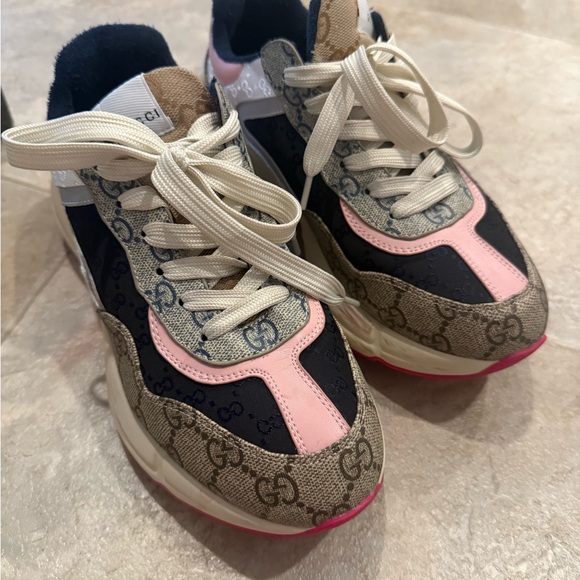Gucci Shoes - Gucci Beige and Pink Monogram Sneakers